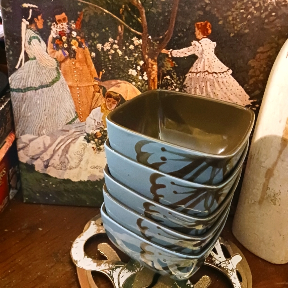 🌺Pier 1 Blue&Brown Hibiscus Square Bowl🥥5🍲RARE 5.5"×3.5"🥙VINTAGE GIFT.🌷🌺
